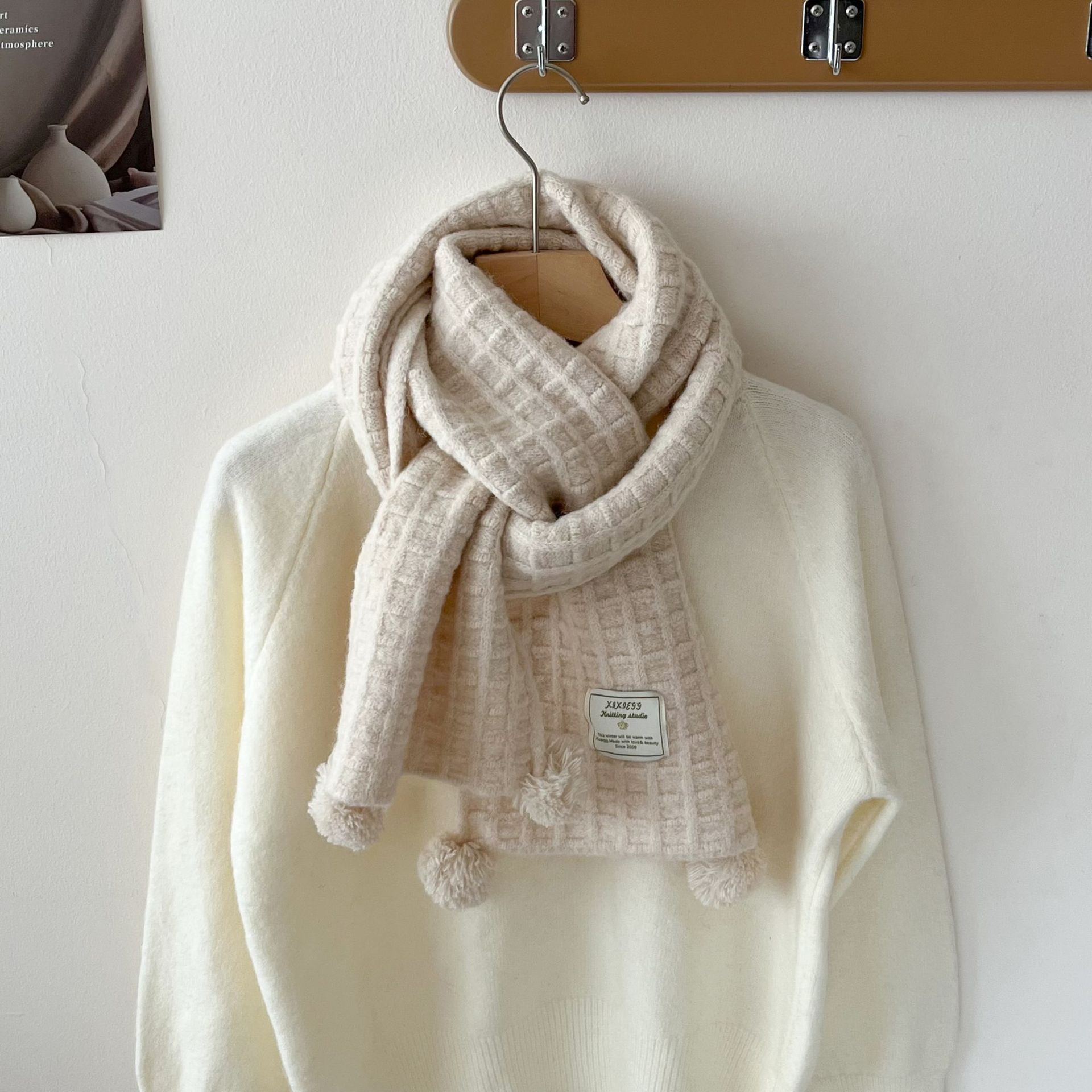 Wool Scarf Men - Winter hanging ball waffle knitted wool